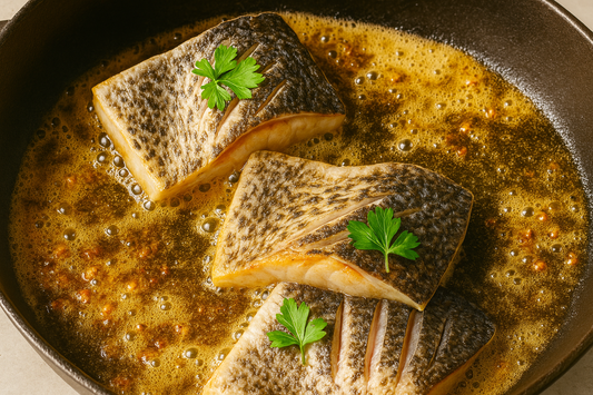 Fish fillets cooking in a pan with oil and herbs