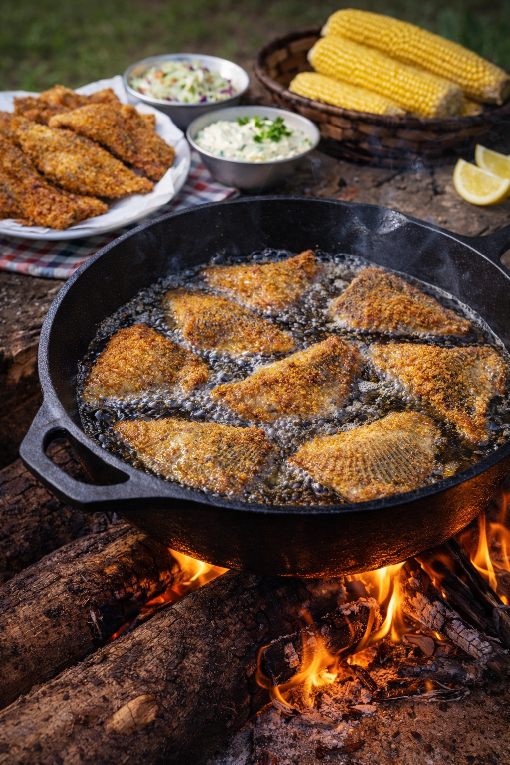 Fried fish fillets in a cast iron skillet over a campfire with corn on the cob and sides in the background.
