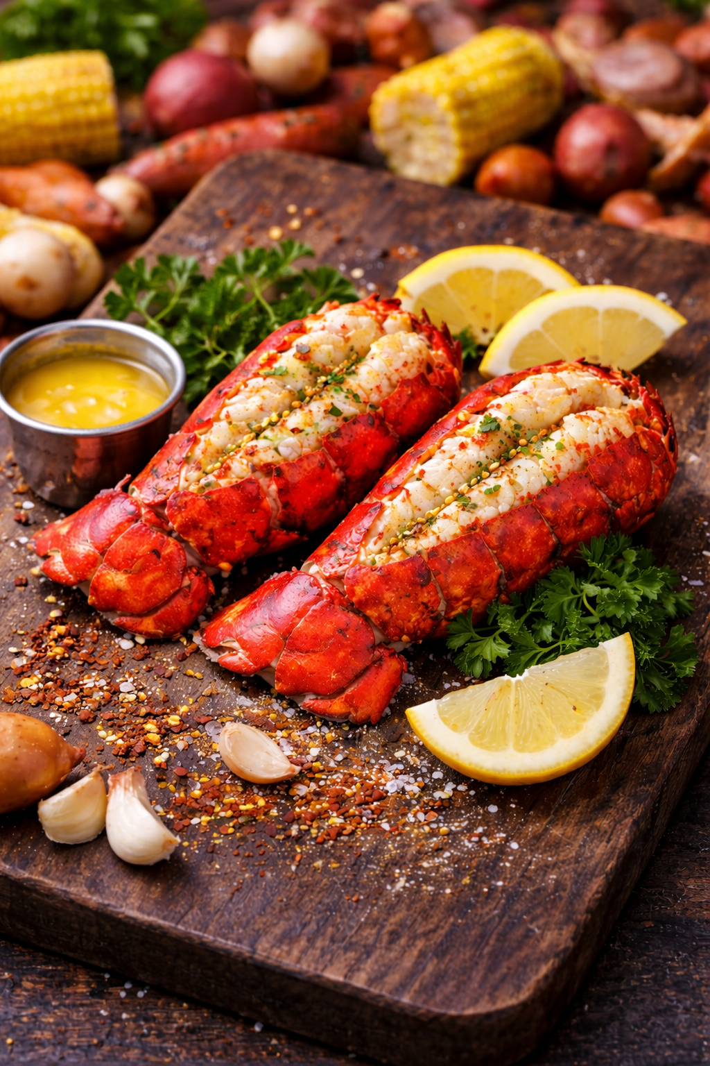 Two cooked lobster tails on a wooden board with lemon wedges and herbs.