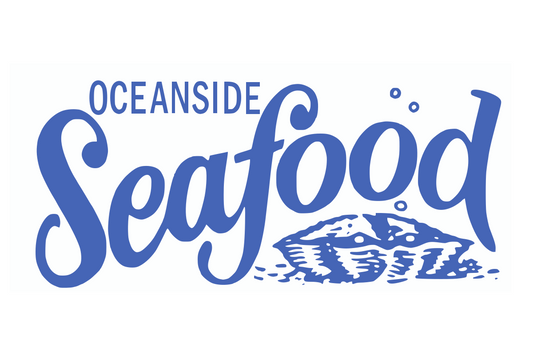 Oceanside Seafood logo with blue text and fish illustration on a white background