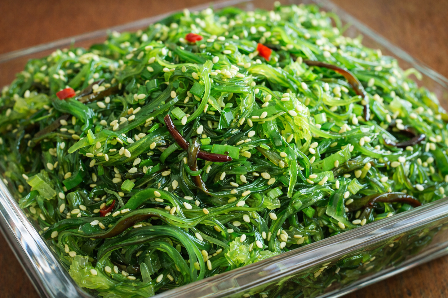 Seaweed salad with sesame seeds in a glass dish on a wooden surface