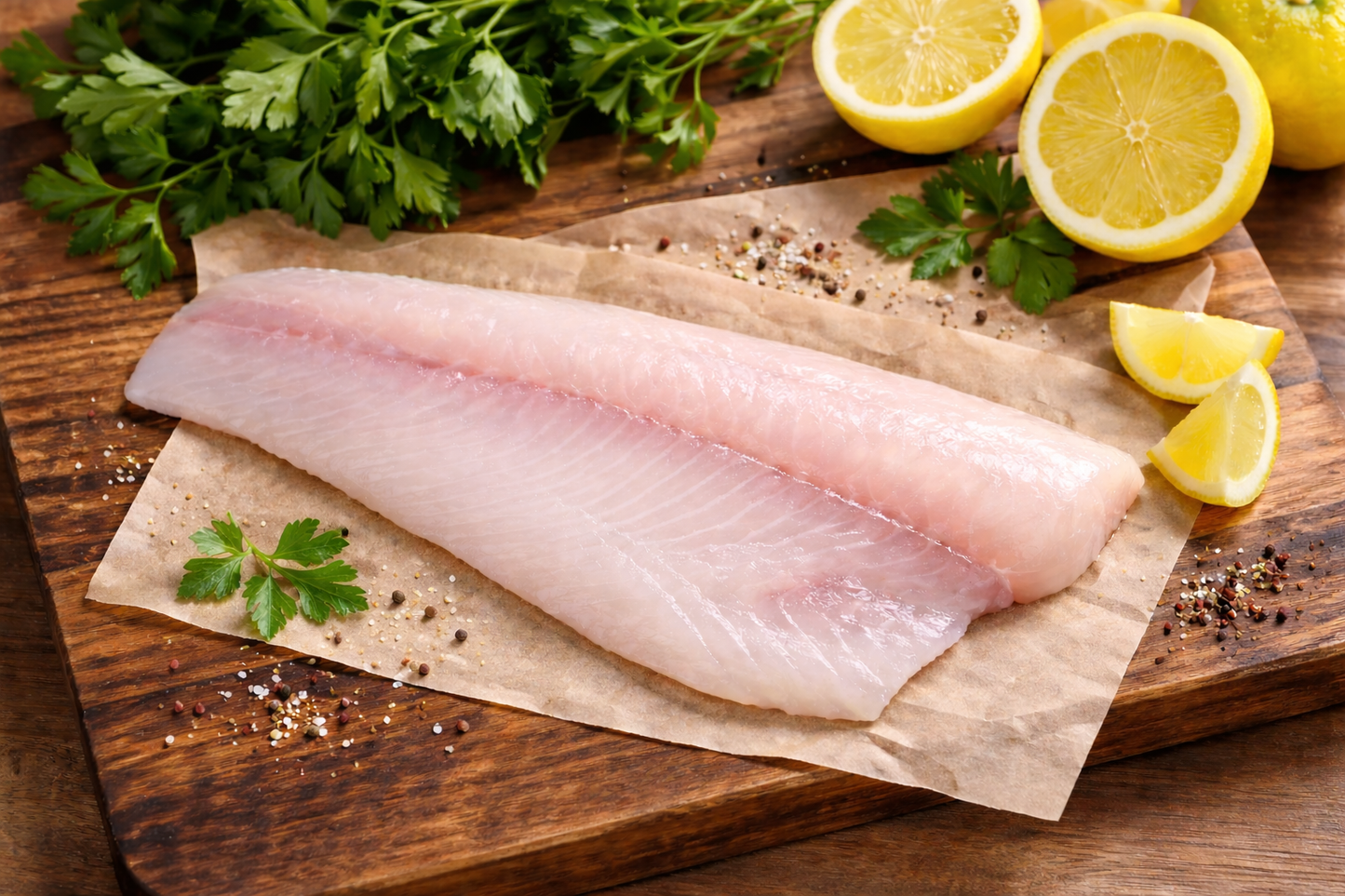 Raw fish fillet on a wooden cutting board with lemons and parsley.