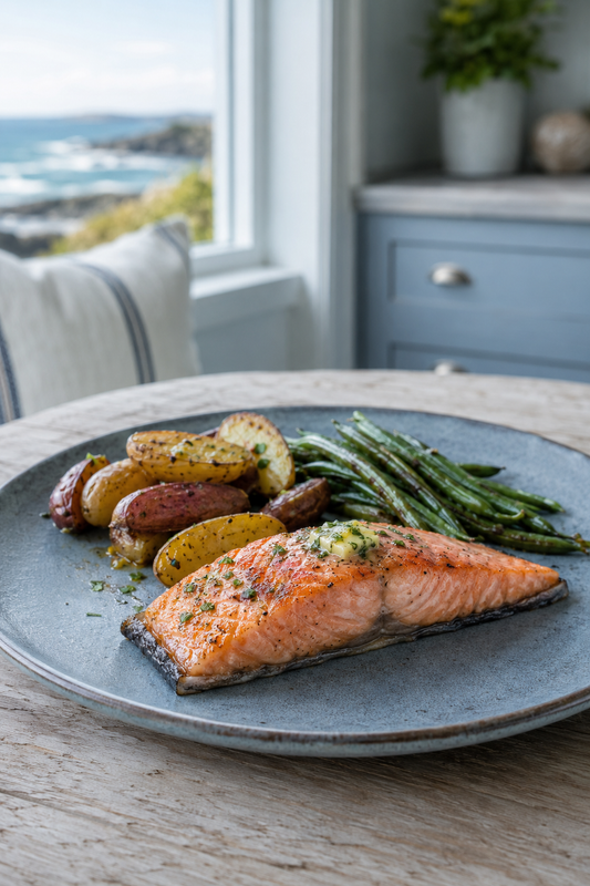 Cooked Alaskan Coho Salmon with fingerling potatoes and green beans in a cool coastal dining setting.