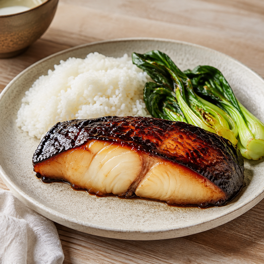Miso-glazed wild Alaskan sablefish with caramelized crust, rice and bok choy