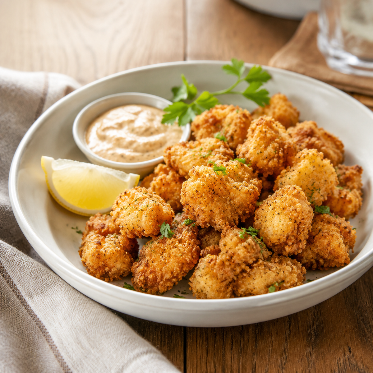 Cajun fried alligator tail bites with remoulade and lemon