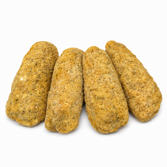 Four uncooked frozen Breaded Tuscan Cod loins with seasoned coating on a white background