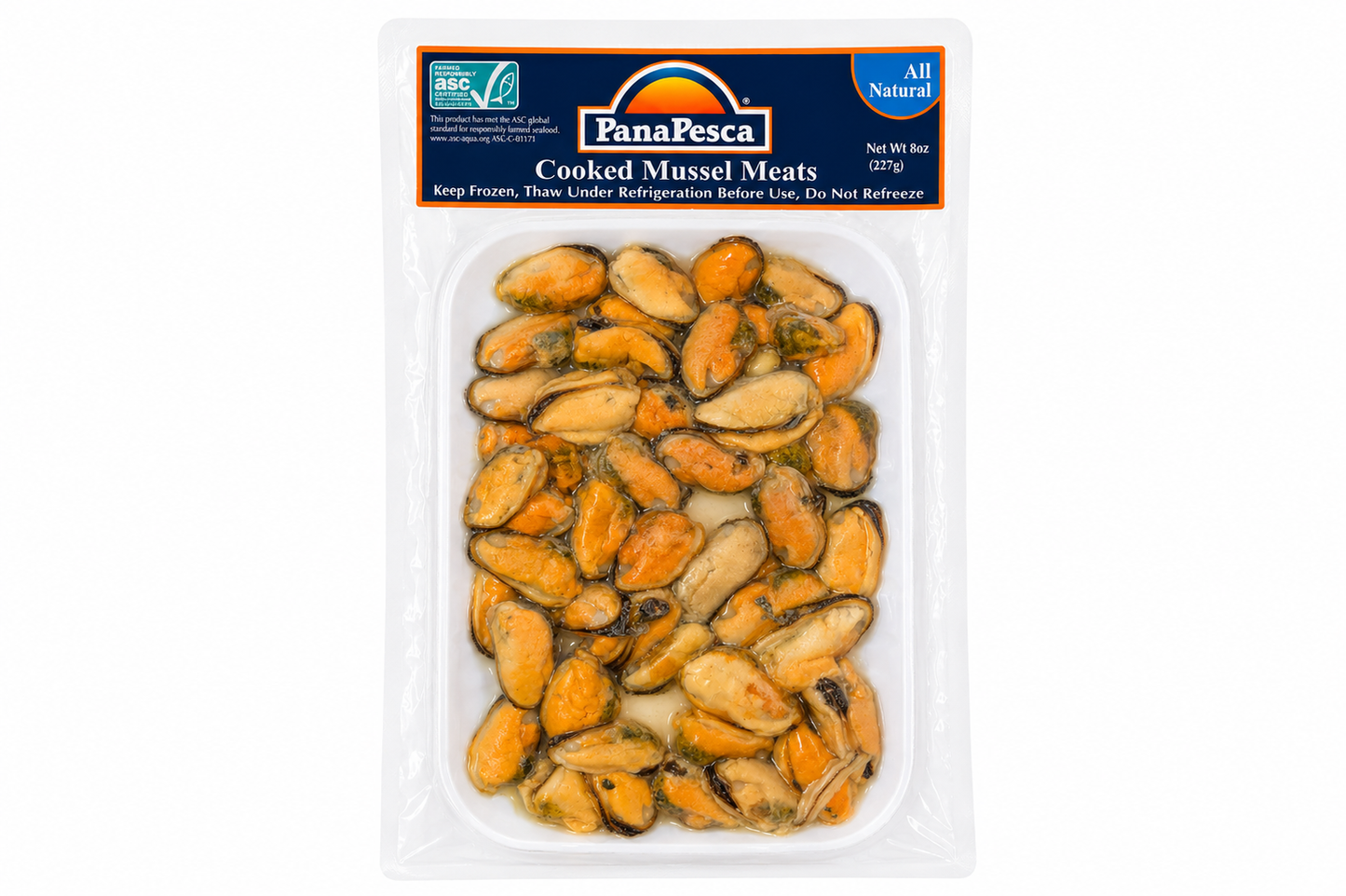 PanaPesca Cooked Mussel Meats 8 oz package on white background