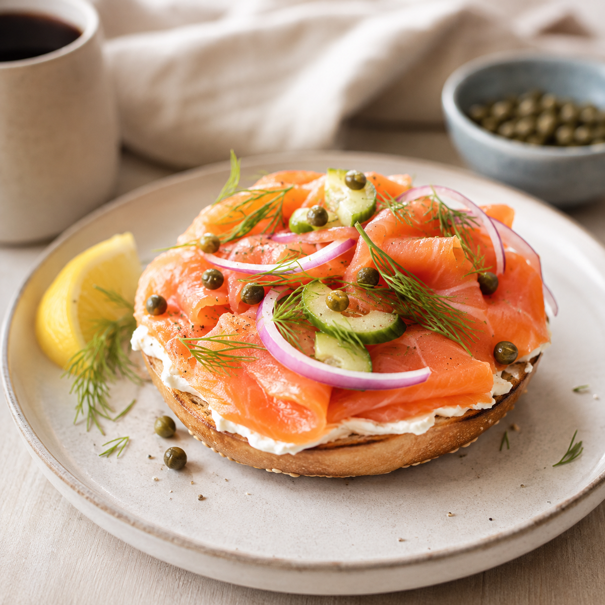 Ducktrap Nova lox cold-smoked salmon bagel with cream cheese, capers and onion