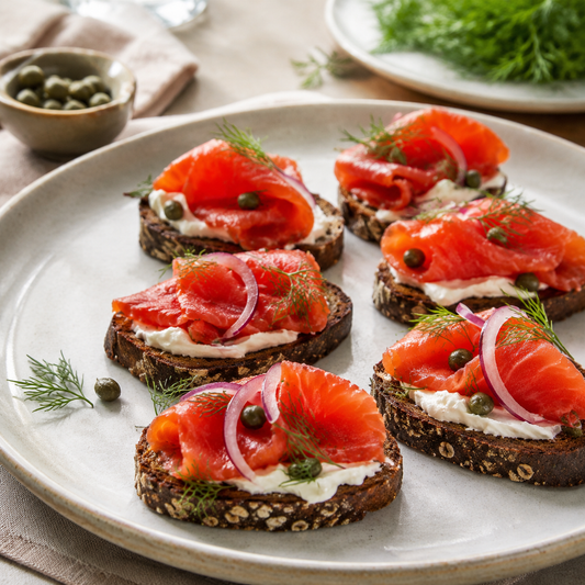 Wild sockeye cold-smoked salmon crostini with crème fraîche, capers and dill