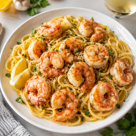 Jumbo Argentinian red shrimp sautéed in garlic butter with linguine and parsley