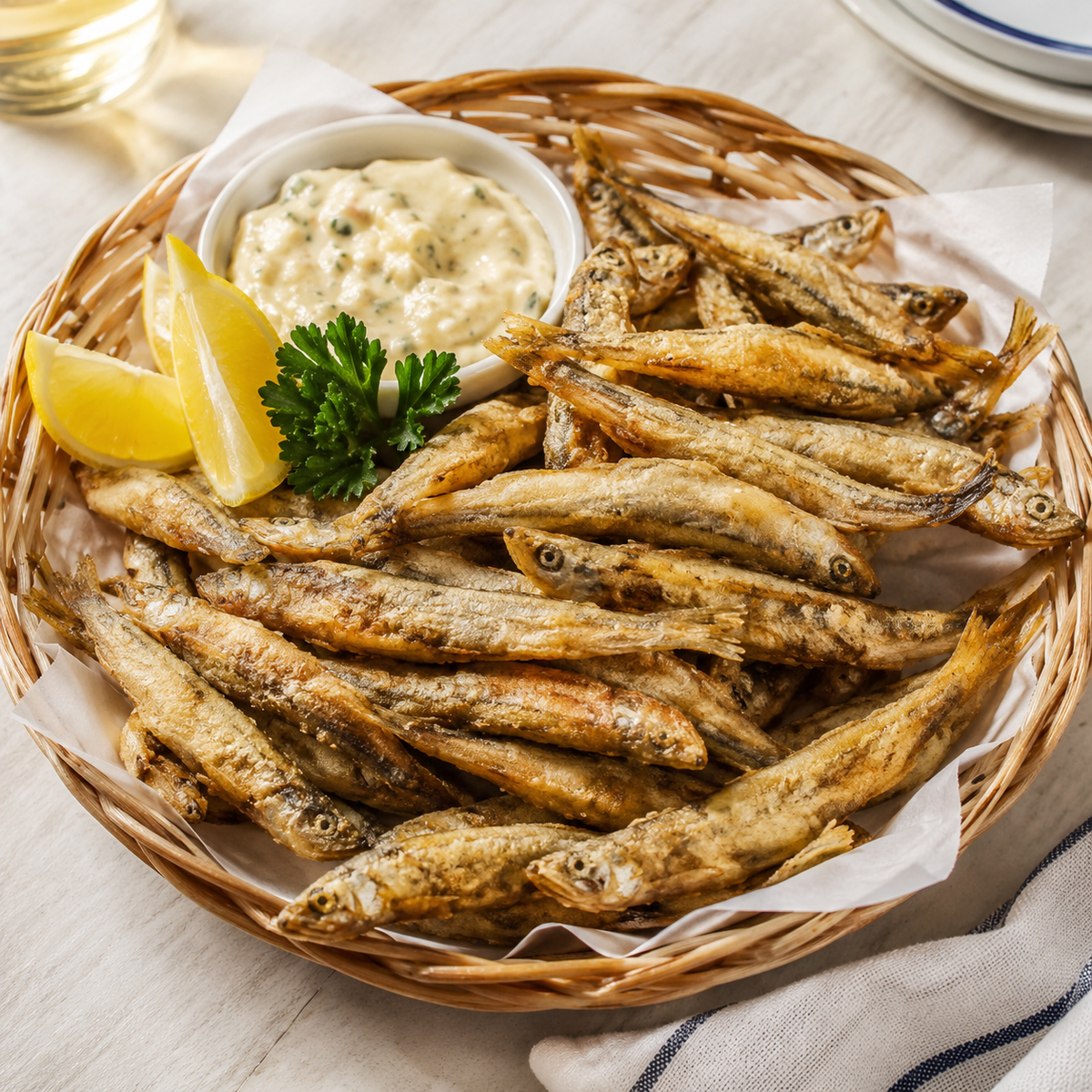 Crispy fried whole lake smelt with lemon, tartar sauce and parsley