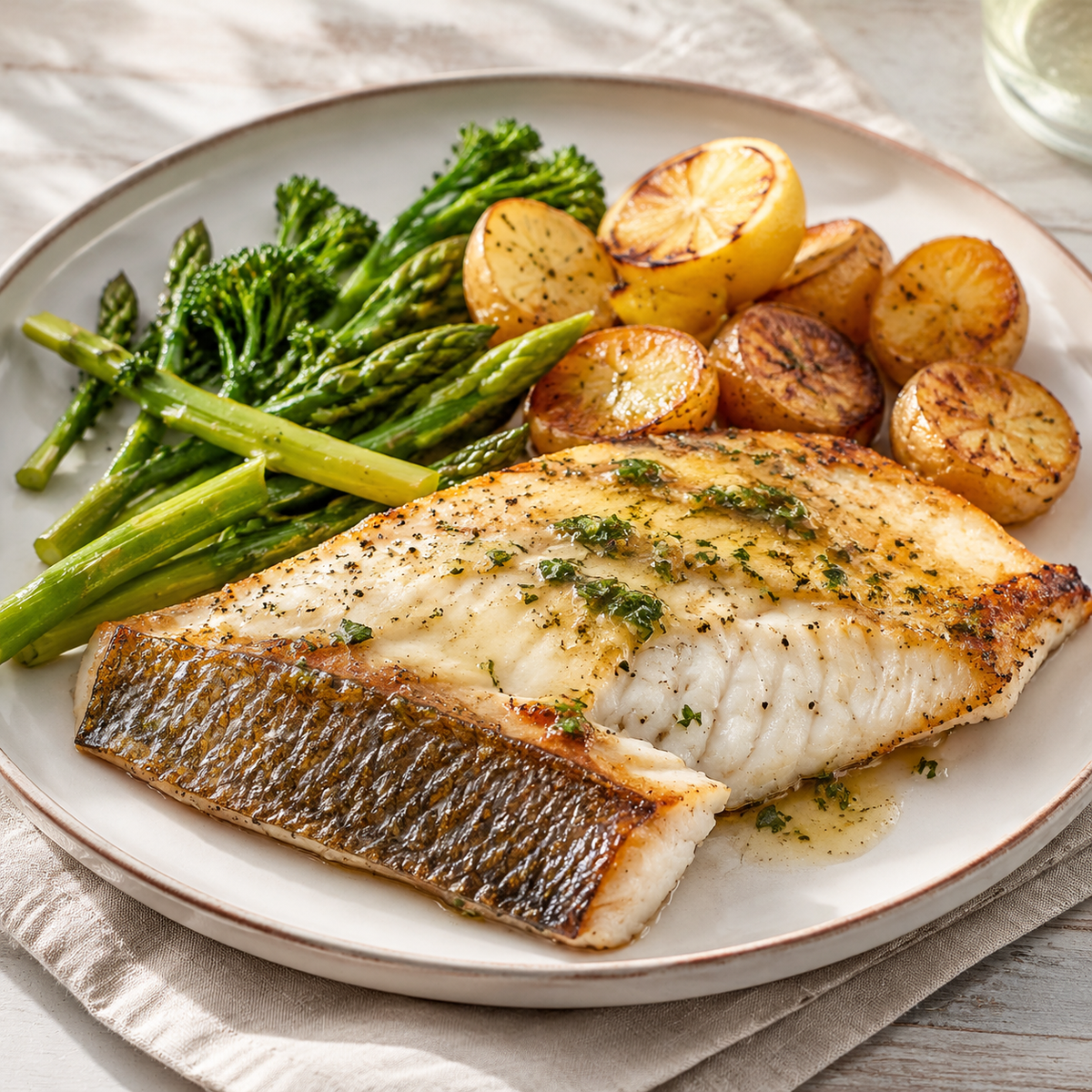 Pan-seared Great Lakes whitefish fillet with lemon herb butter and vegetables