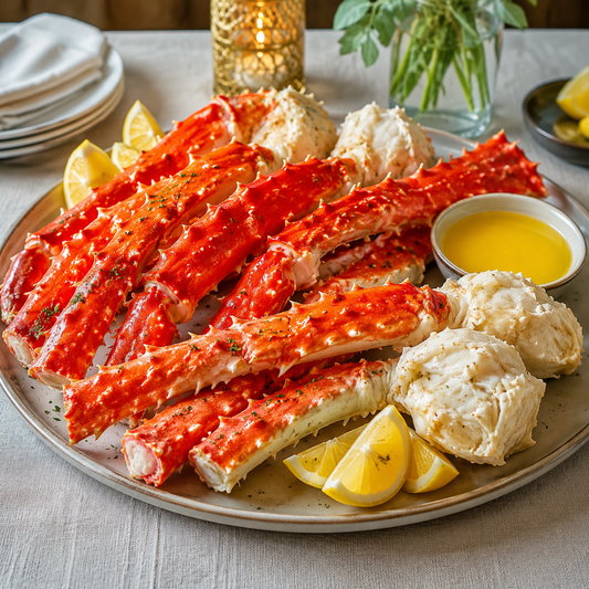 Steamed extra-large Alaskan red king crab legs with melted butter and lemon