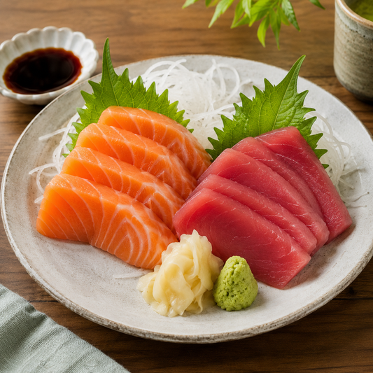 Norwegian salmon and AAA yellowfin tuna sashimi variety platter
