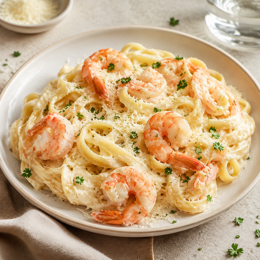 Creamy shrimp Alfredo pasta with Parmesan and parsley