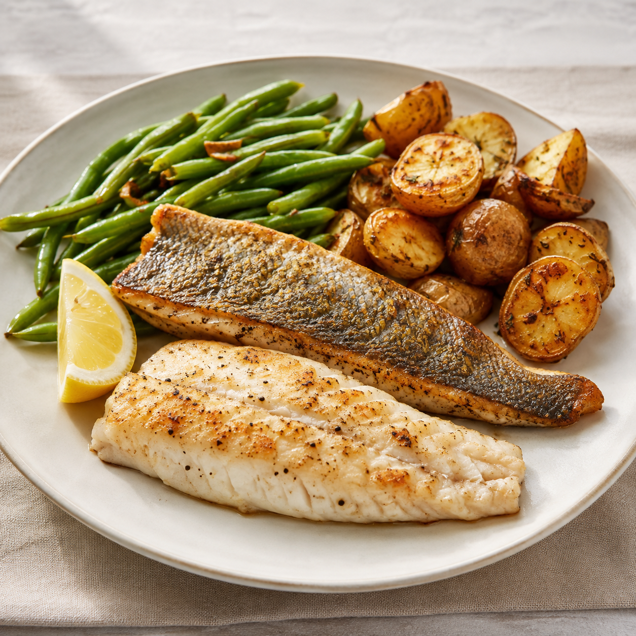 Crispy-skin Great Lakes walleye fillets with lemon and vegetables