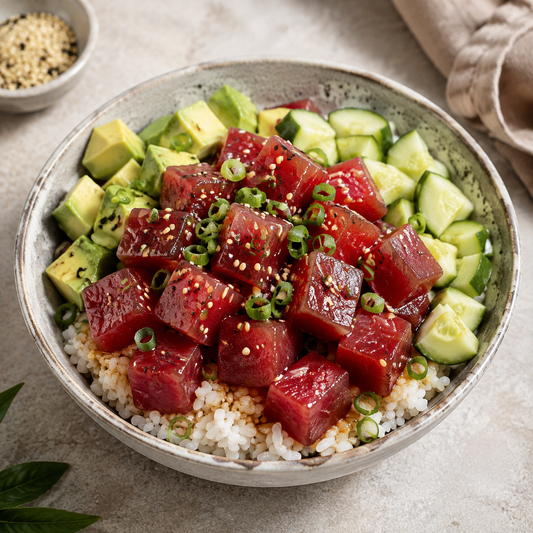 AAA yellowfin tuna poke cubes with rice, avocado, cucumber and sesame