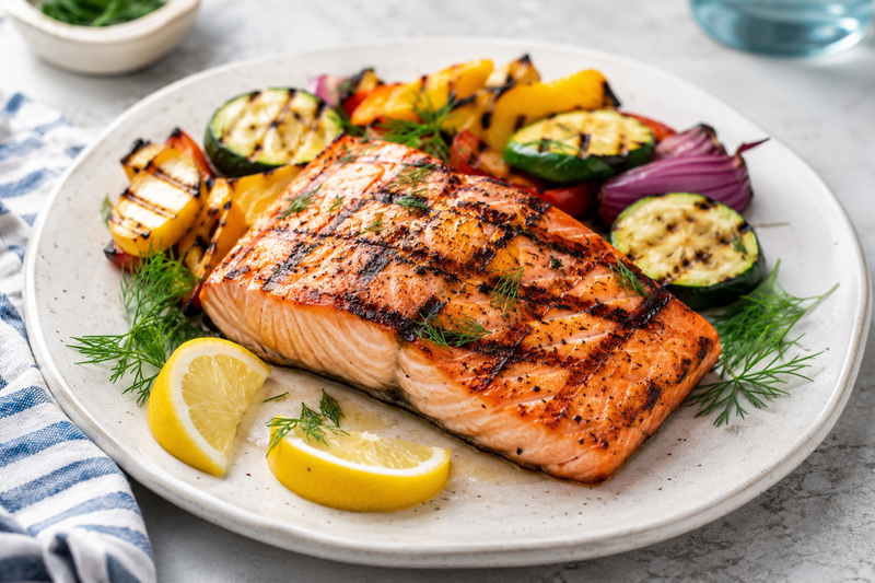 Grilled salmon fillet with char marks, lemon, dill, and summer vegetables