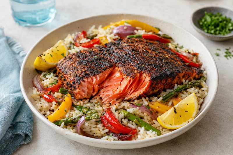 Blackened sockeye salmon with Cajun crust served over rice and vegetables