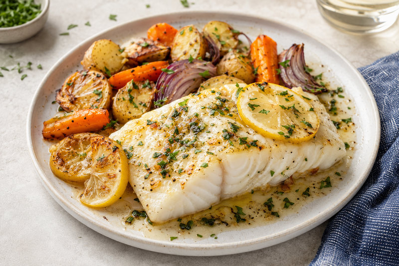 Buttery baked Atlantic cod loin with lemon, herbs, and roasted vegetables