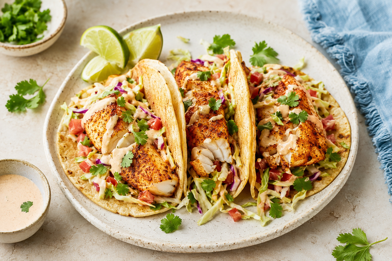 Cajun-spiced tilapia tacos with cabbage slaw, lime, and cilantro