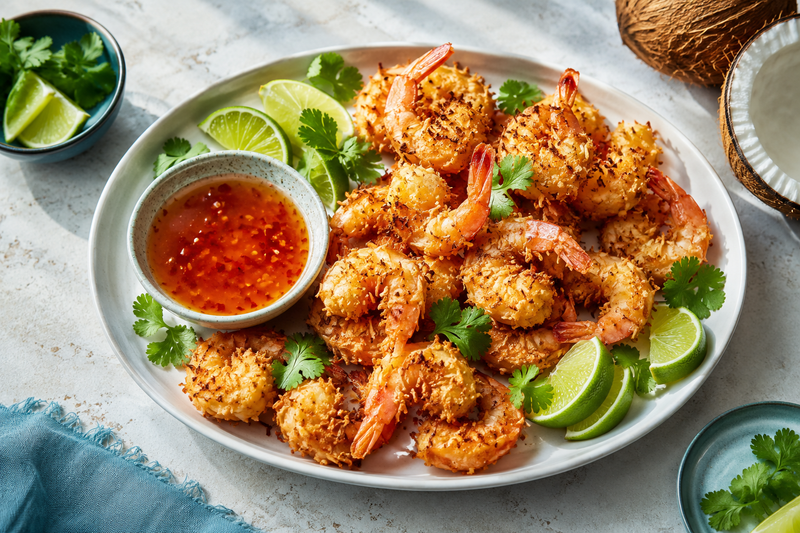 Crispy coconut shrimp with sweet chili dipping sauce and lime