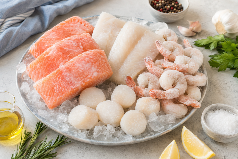 Assortment of frozen seafood portions arranged on ice with cooking ingredients