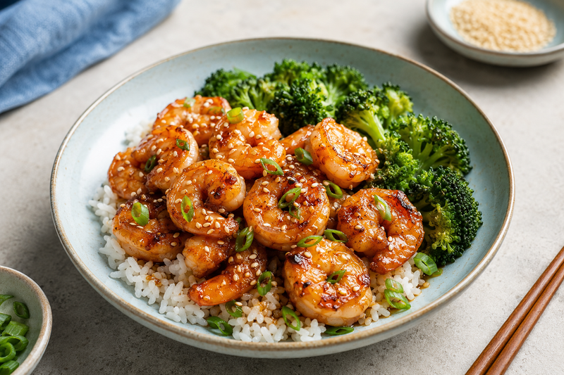 Glazed garlic honey shrimp with scallions, sesame, and rice