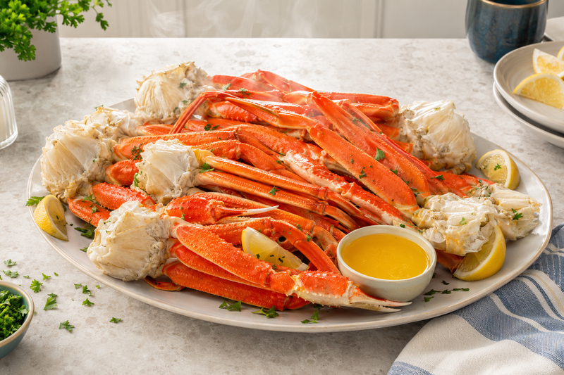 Steamed snow crab legs with melted butter, lemon, and herbs