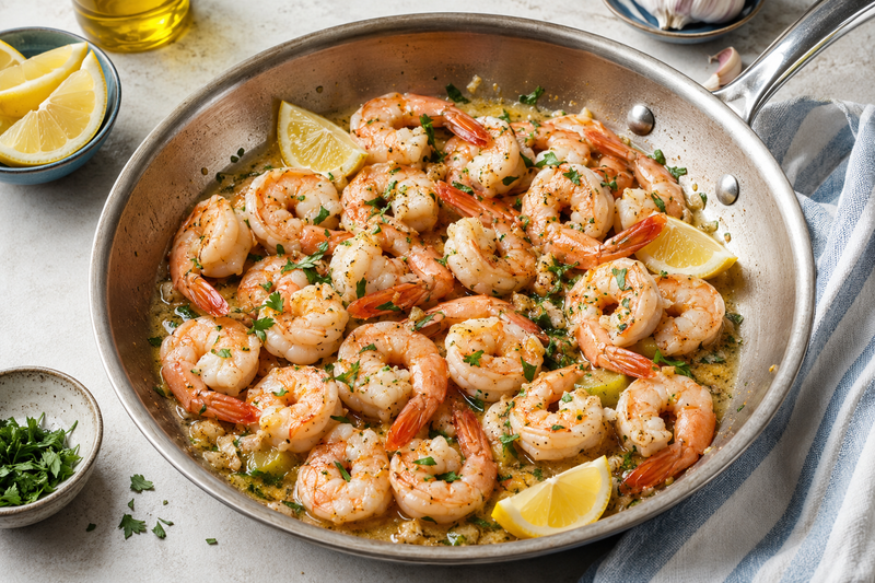 Perfectly cooked pink shrimp with garlic, lemon, butter, and parsley