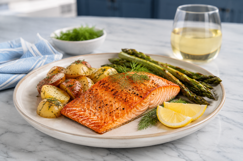 Roasted salmon paired with asparagus, lemon, herbs, and white wine