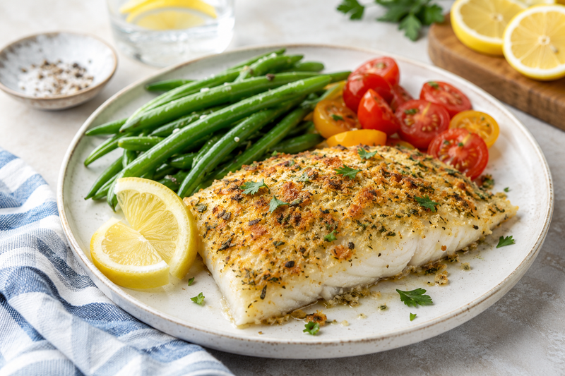 Parmesan-crusted Great Lakes whitefish fillet with green beans and tomatoes
