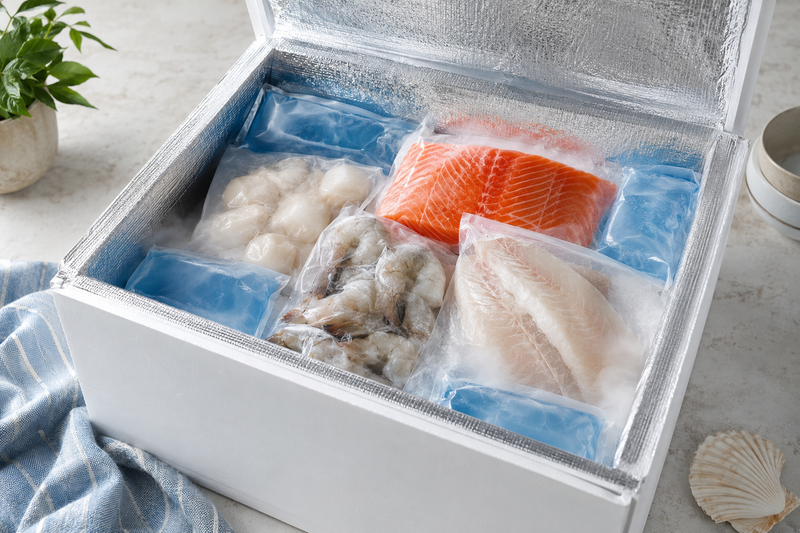 Insulated seafood delivery box with frozen fish, shrimp, and dry ice packaging