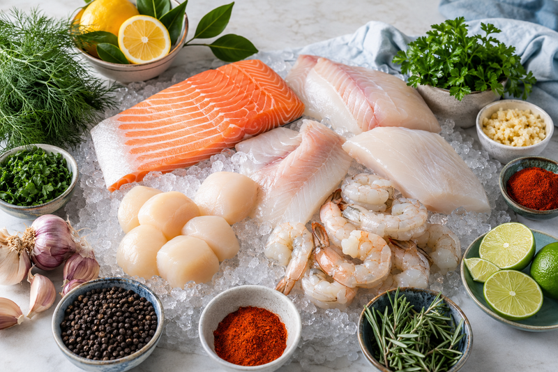 Seasonal seafood assortment surrounded by herbs, spices, citrus, and aromatics
