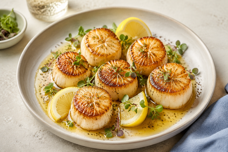 Golden seared sea scallops with lemon, herbs, and garlic butter