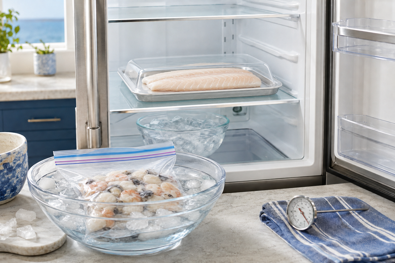 Unwrapped fish thawing safely in the refrigerator beside seafood in a cold-water bath