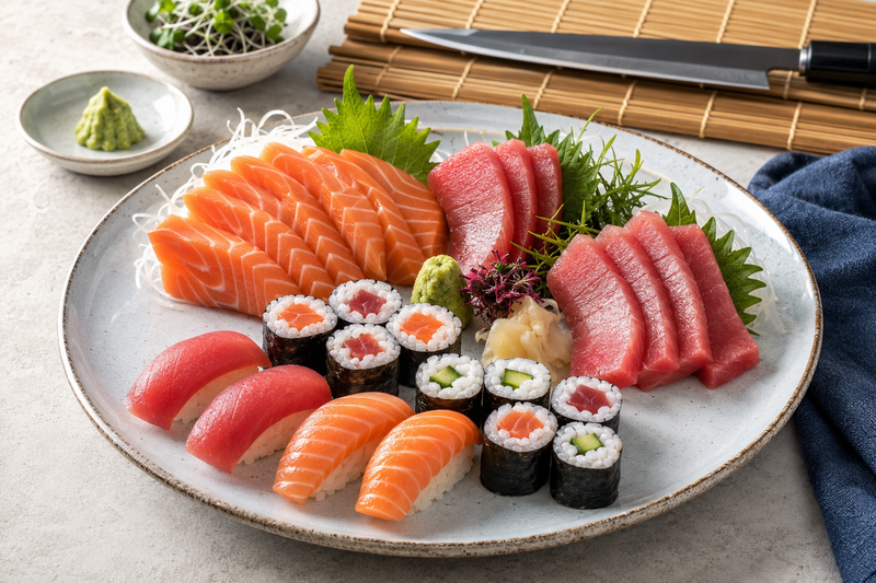 Sashimi-grade tuna and salmon sliced beside handmade sushi rolls