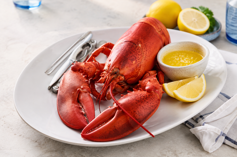 Cooked lobster with lemon, drawn butter, and kitchen tools