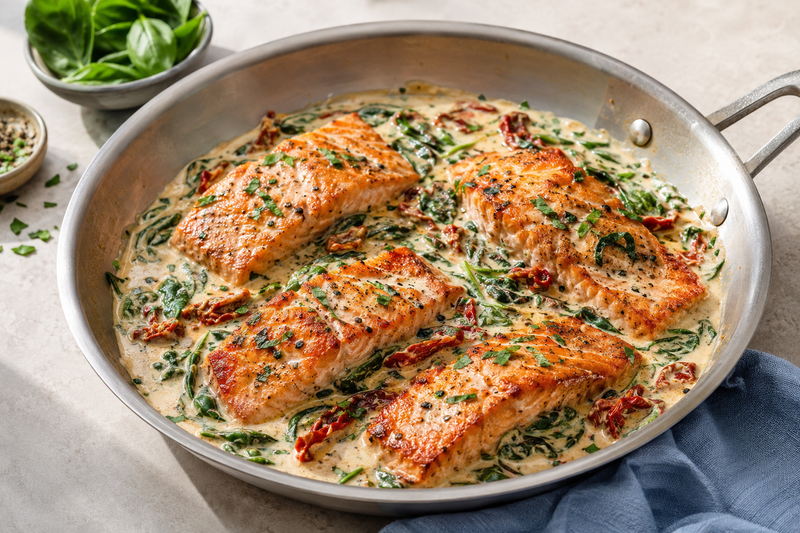 Tuscan salmon in creamy garlic sauce with spinach and sun-dried tomatoes