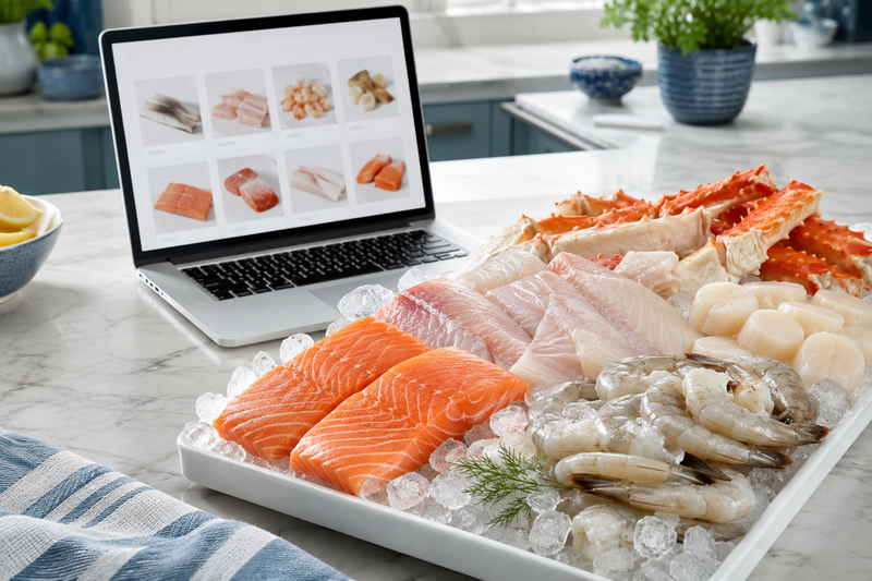 Fresh seafood assortment beside a laptop showing an online seafood shop