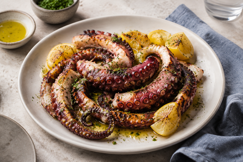 Tender grilled octopus tentacles with lemon, olive oil, and herbs