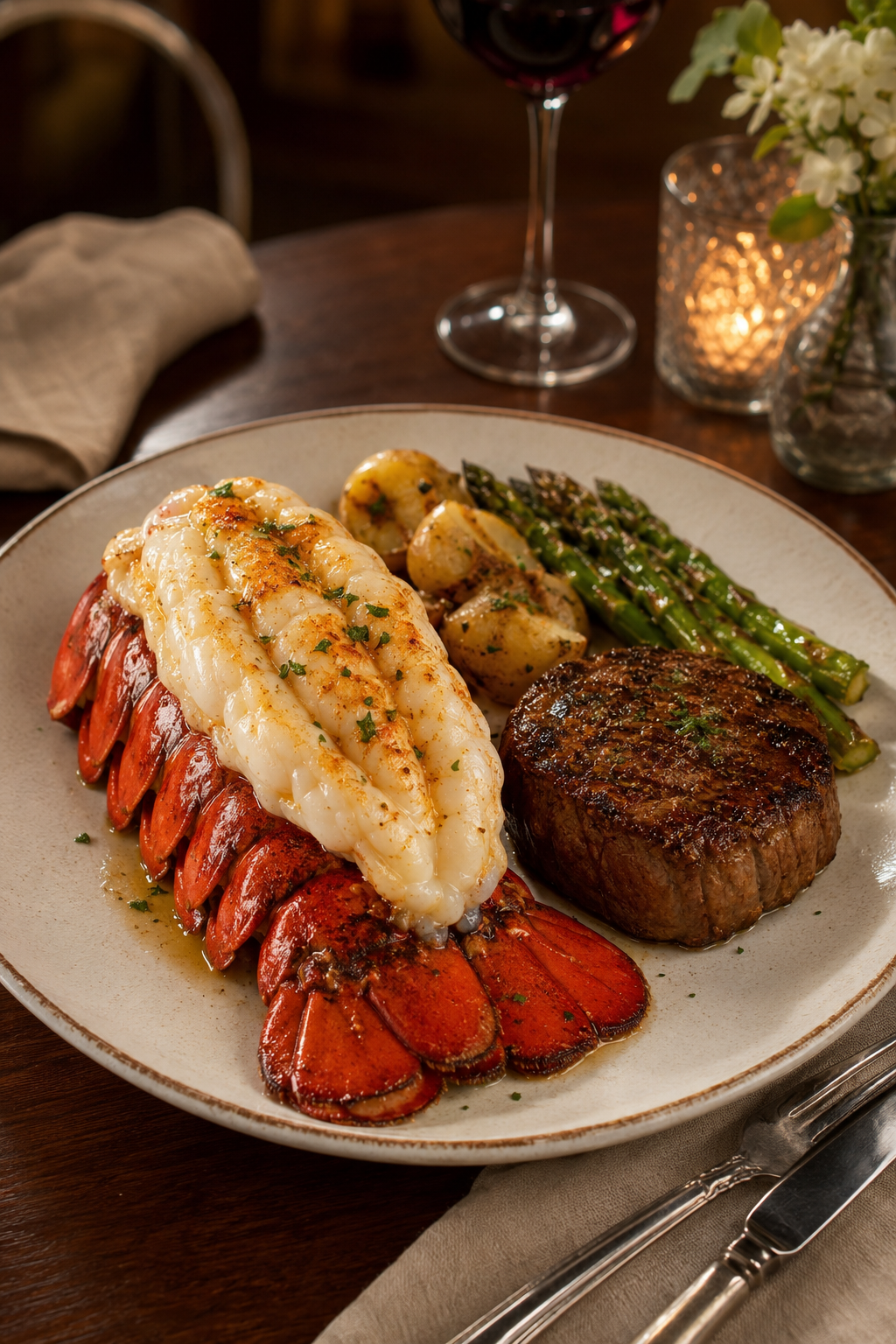 Cooked 12 to 14 oz lobster tail plated with filet mignon for a surf and turf dinner.
