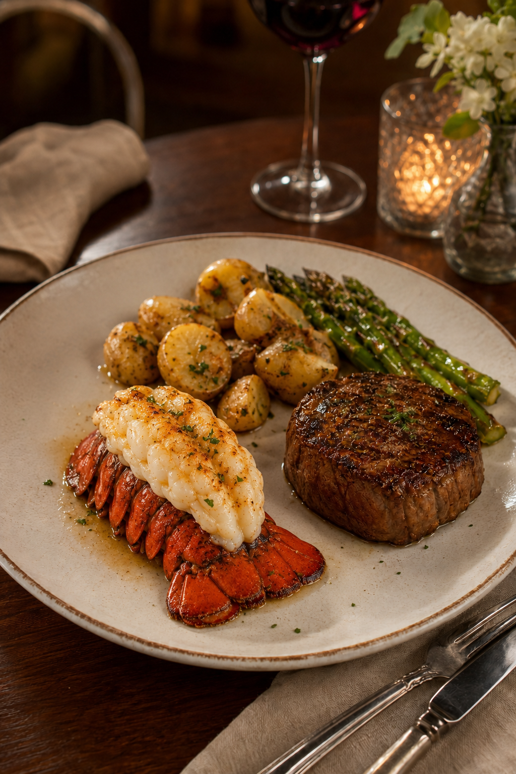 Cooked 6 to 7 oz lobster tail plated with filet mignon for a surf and turf dinner.