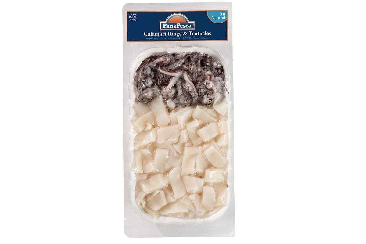 Packaged calamares with tentacles on a white background