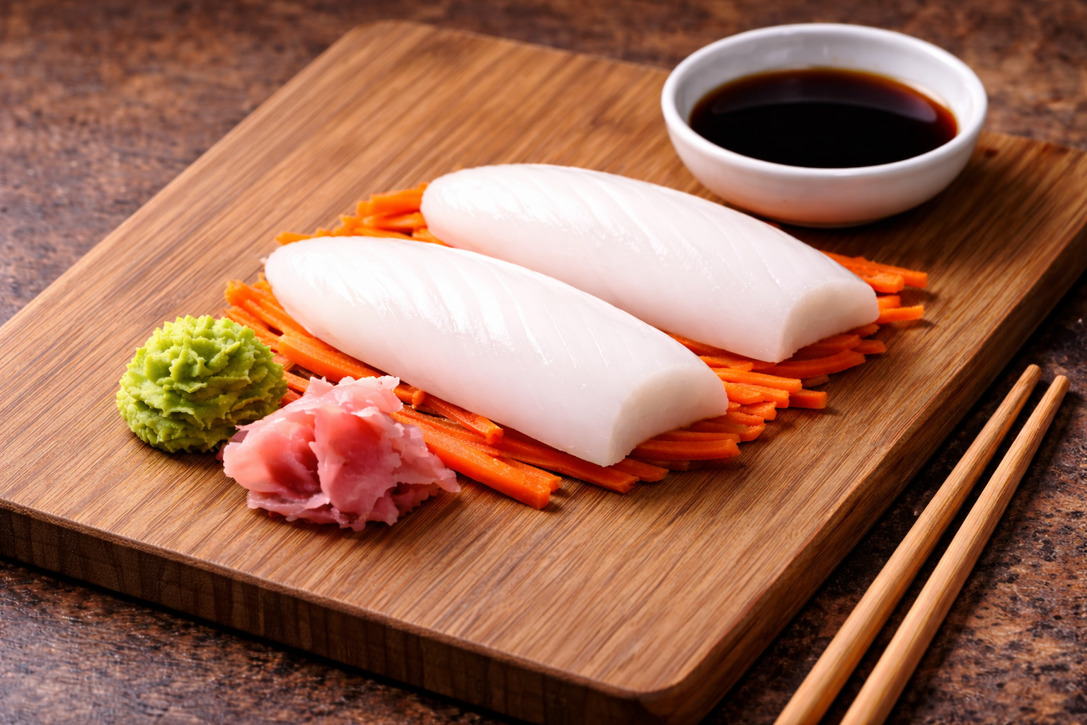 Sushi roll with vegetables on a wooden board with soy sauce and wasabi.
