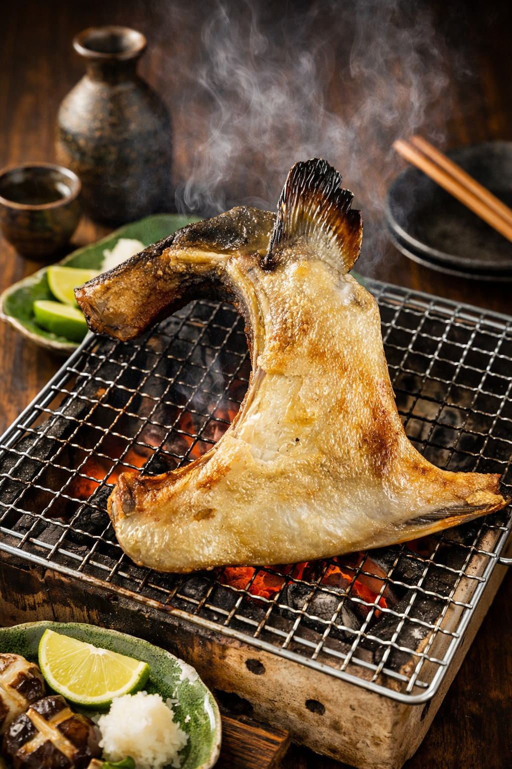 Grilled fish on a barbecue with steam rising, surrounded by lime wedges and soy sauce.