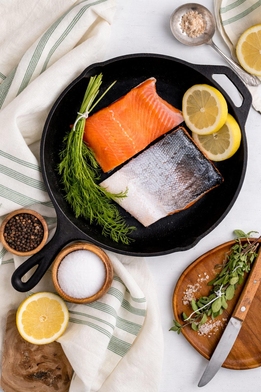 Raw salmon fillets in a cast iron skillet with lemon slices, herbs, and spices on a white surface.
