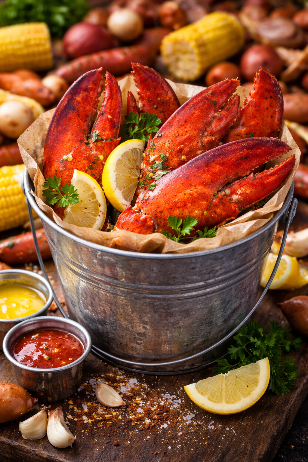 Steamed lobster tails in a metal bucket with lemon wedges on a wooden table.