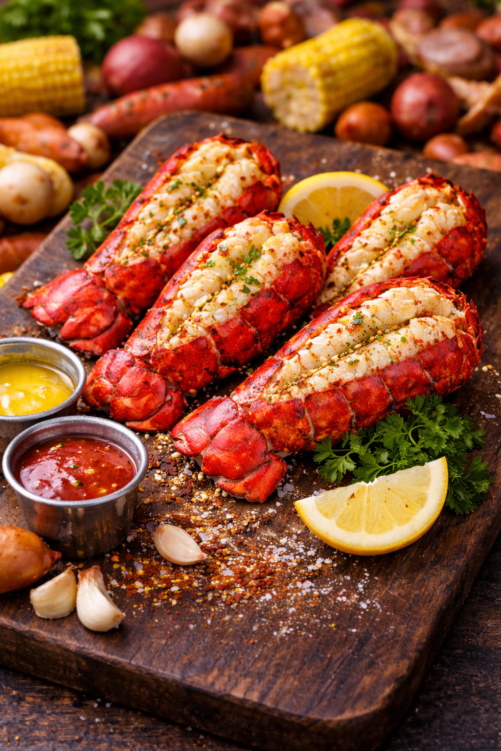 Steamed lobsters on a wooden board with lemon wedges and dipping sauces, surrounded by vegetables.