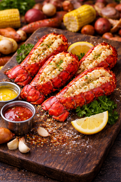 Steamed lobsters on a wooden board with lemon wedges and dipping sauces, surrounded by vegetables.